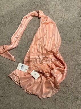 Peppermayo Peach Pink Striped Backless Halter Dress